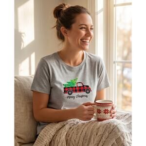 Holiday Time Womens Grey Merry Christmas with Truck and Tree Design Tee